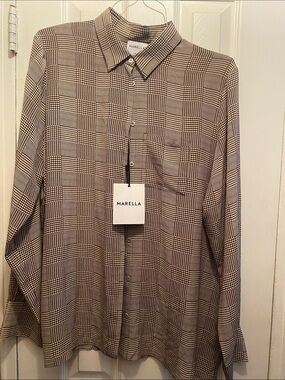 MARELLA Tan and Black Glen Plaid Button-Down Shirt